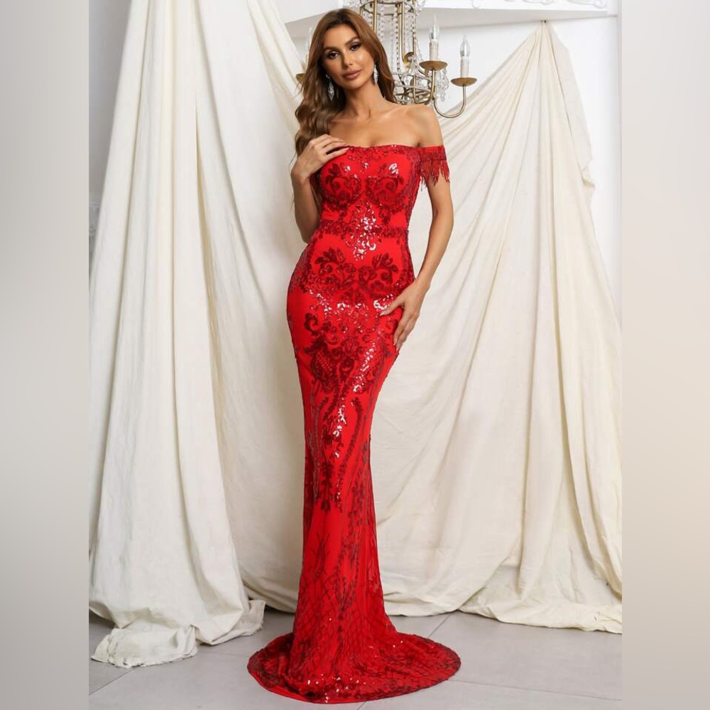 Red Contrast Sequin Off Shoulder Fringe Gown